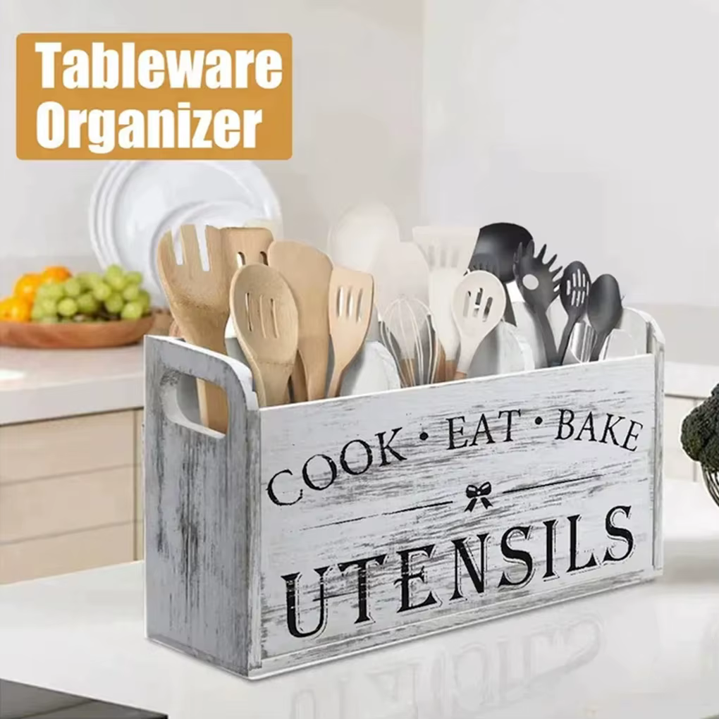 Porte-ustensiles de cuisine en bois, organisateur d'ustensiles, support de vaisselle à 3 compartiments avec trous de Drainage pour barres de collation largement utilisé