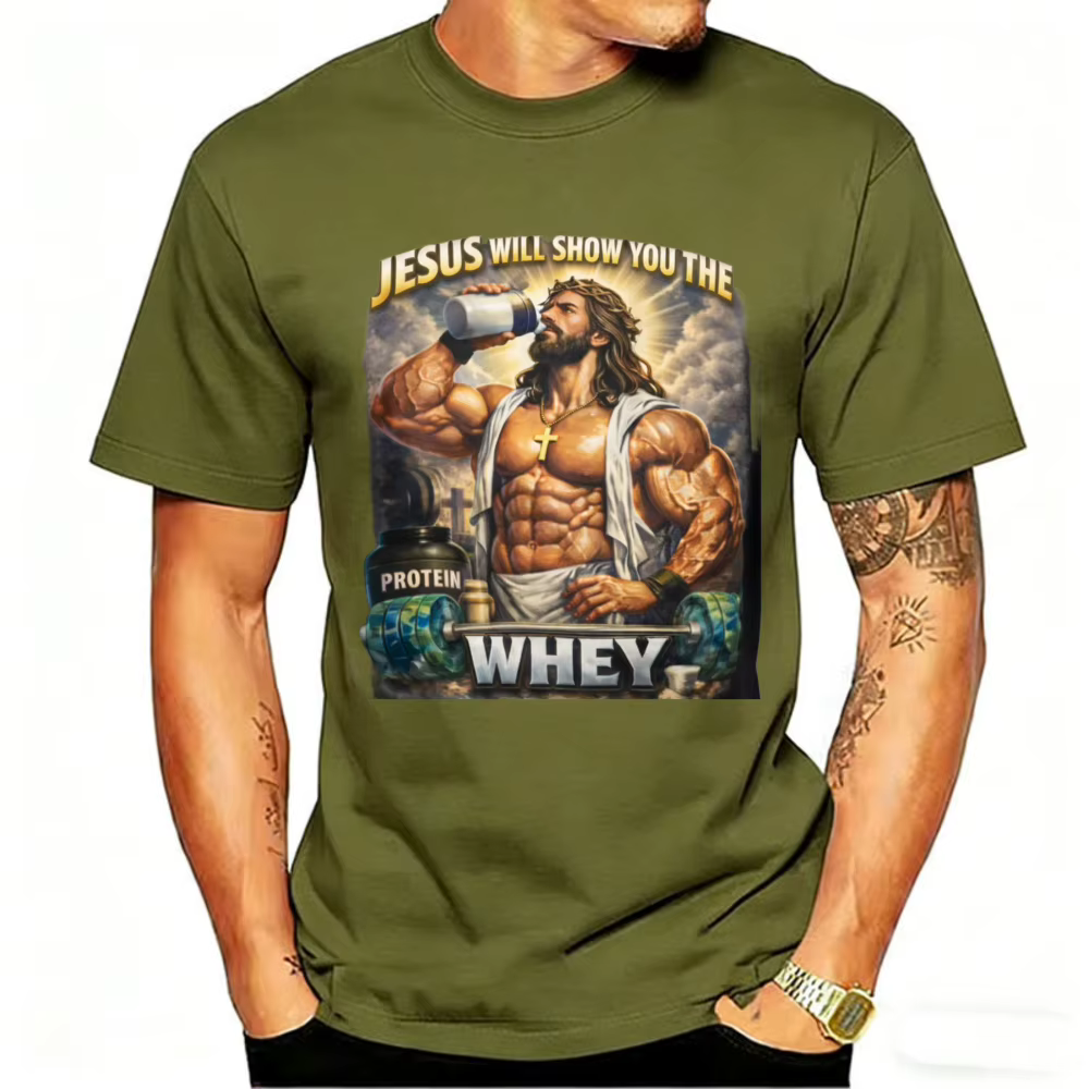 Holding Protein Shake Tee Jesus Will Show You The Whey' Muscle Christian Workout Col rond Style décontracté Manches