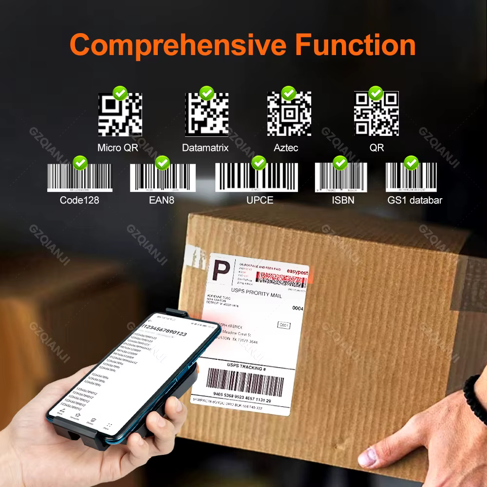 Lecteur de codes-barres sans fil mini Bluetooth à clip dorsal, lecteur de codes-barres 2D pour téléphone, lecteur de codes QR, scanner PDF417 pour la numérisation mobile