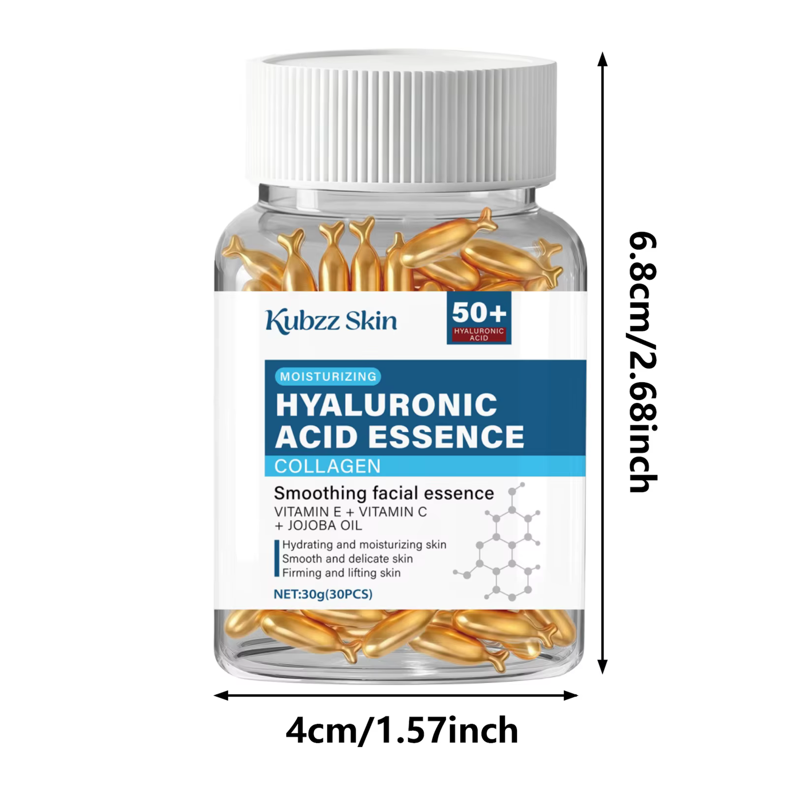 Capsule hydratante en profondeur à l'acide hyaluronique, hydrate et lisse la peau, contient du collagène, de l'huile de jojoba synthétique et de l'acide ascorbique.