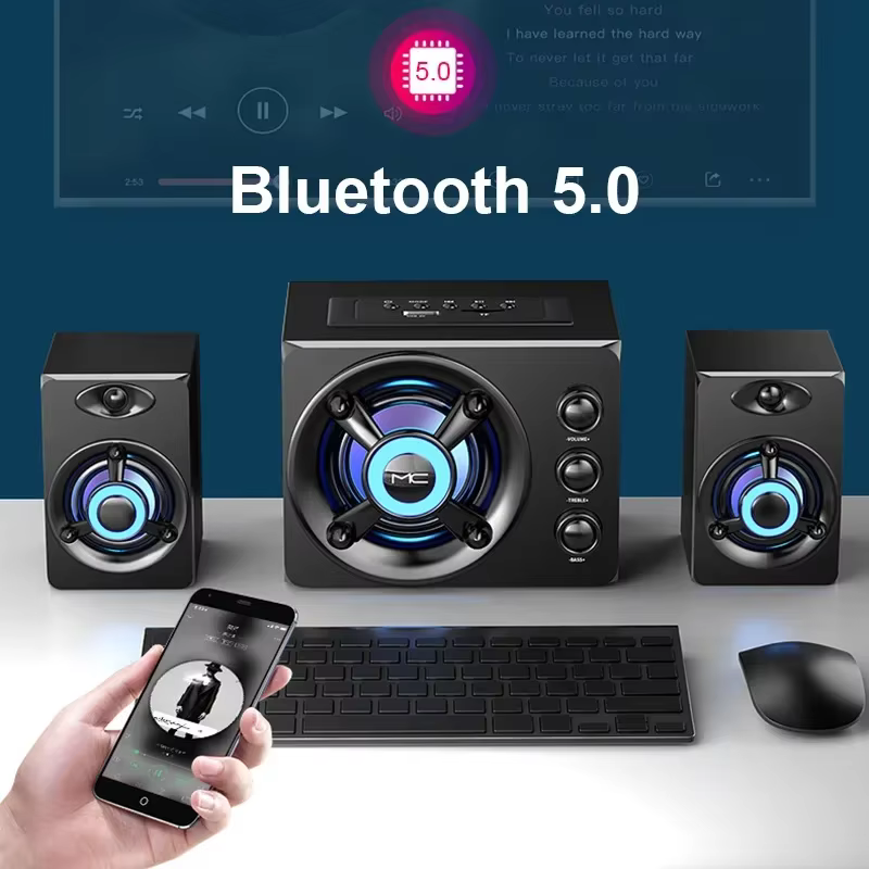 Haut-parleurs stéréo 3D hi-fi, lumière lourde LED colorée, AUX, USB, filaire, sans fil, Bluetooth, Audio, Home cinéma, barre de son Surround, TV